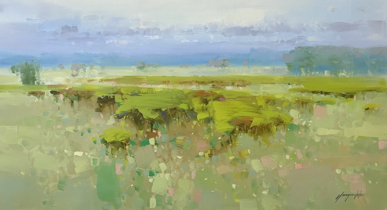 Spring Field, Original oil Painting, Handmade artwork, One of a Kind                     